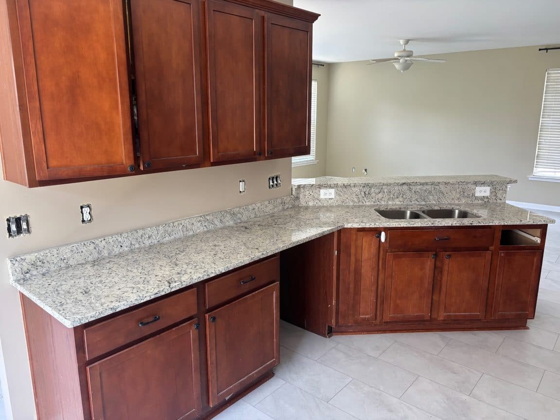 Speckled granite kitchen peninsula