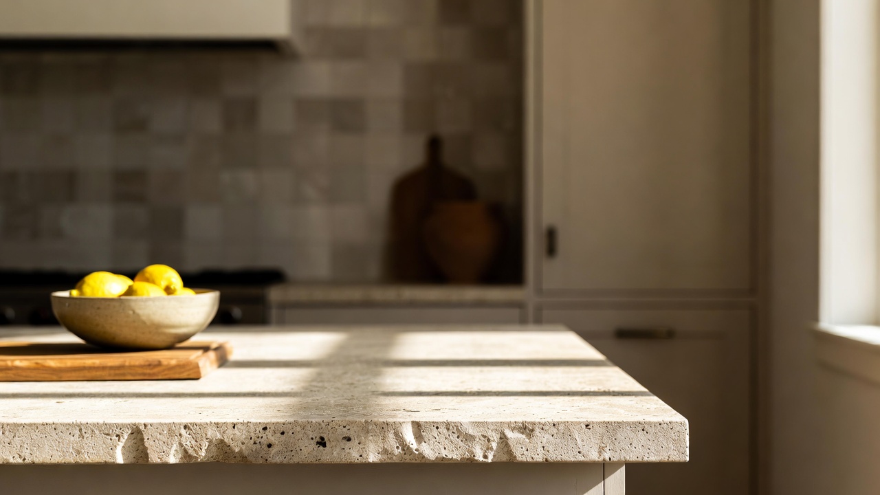 A natural stone kitchen countertop in warm morning light