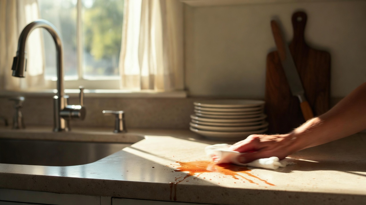 Wiping a spill from a stone countertop before it has a chance to set